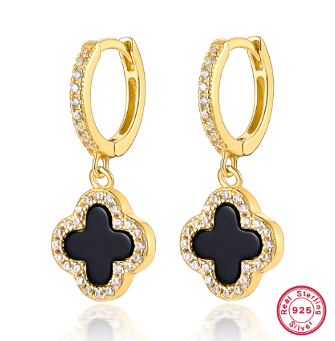 Khuyên Tai Cỏ 4 Lá Đen Đính Đá Bạc S925 Mạ Vàng 18K